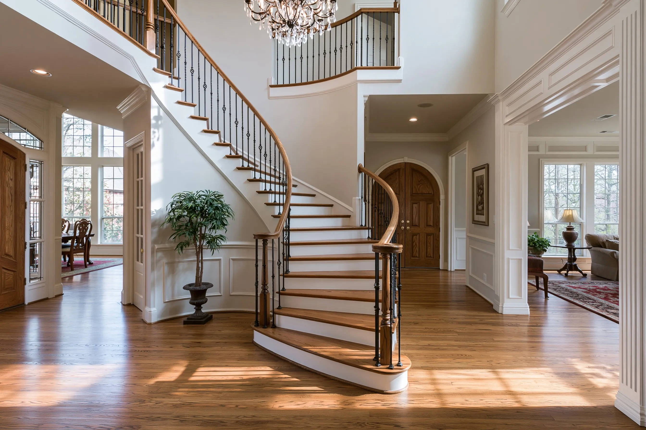 Curved staircase with oak treads, black iron balusters and an oak handrail ending in a volute, in a two-story foyer
