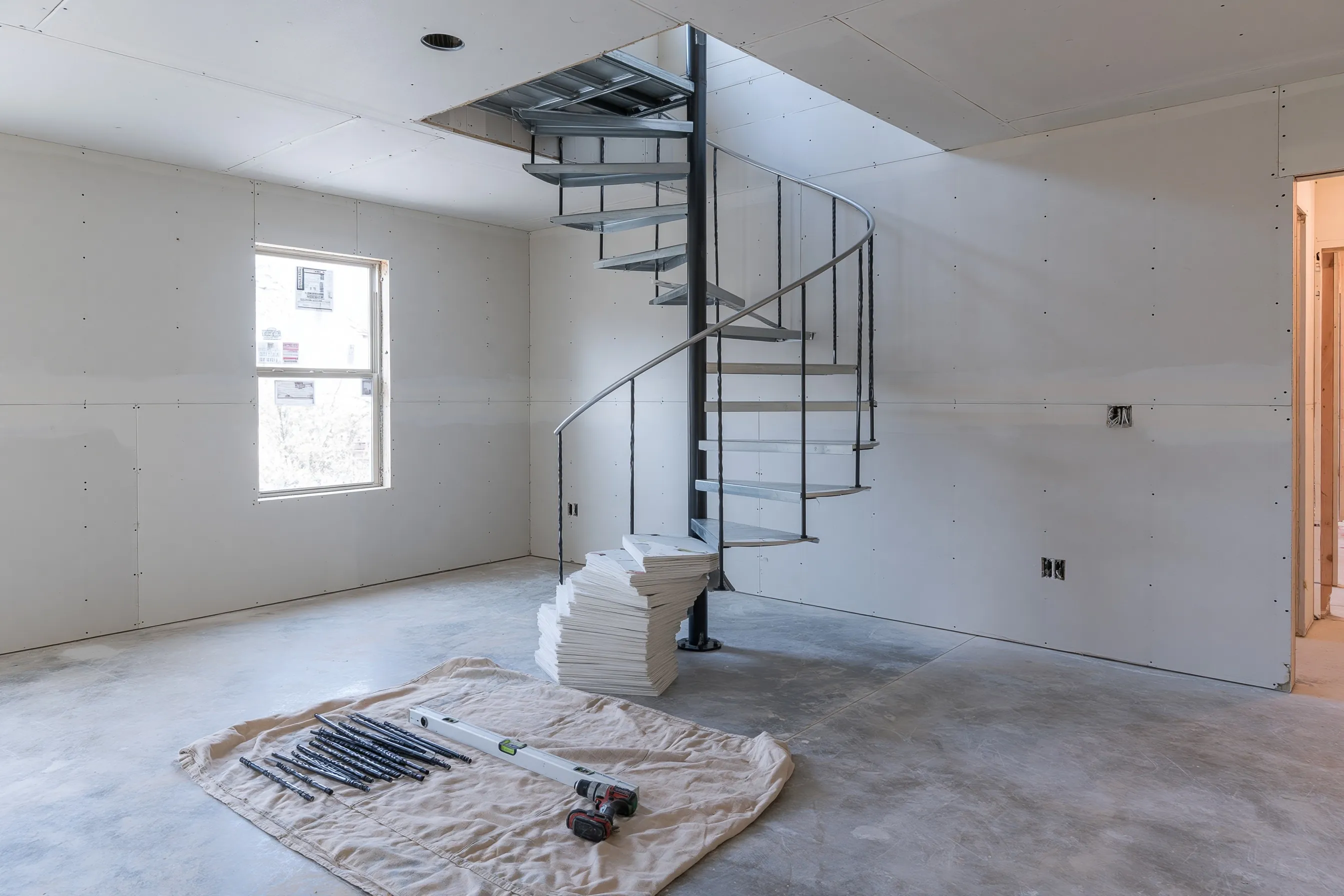 Steel spiral stair kit mid-assembly with a plumb center column, stacked tread wedges, a top platform and tools on a drop cloth