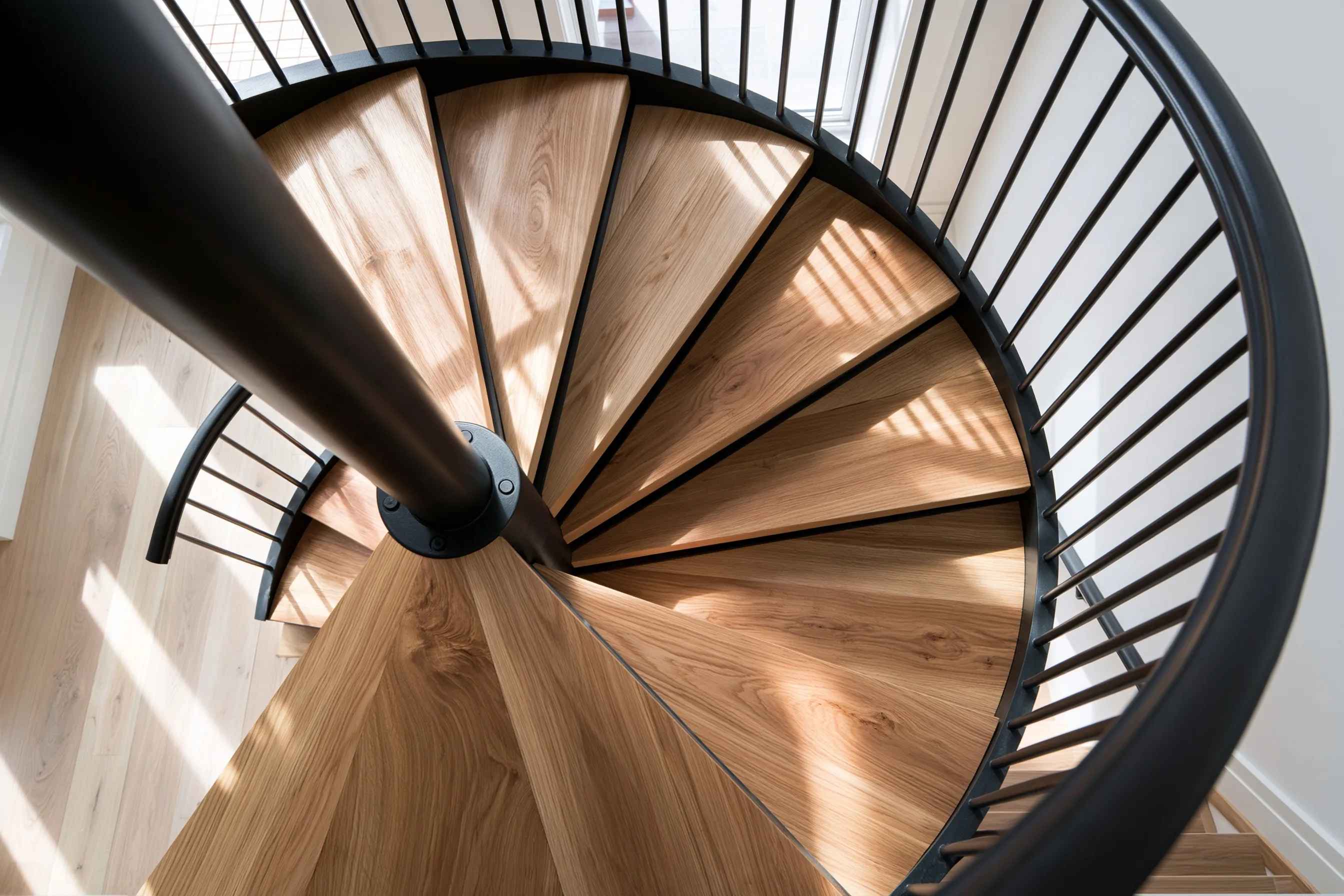 Close view of oak wedge treads, balusters and handrail around the steel column of a spiral stair